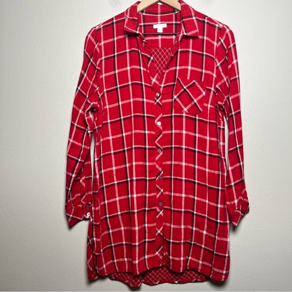 J. Jill Women Button Downn Tunic Top Medium Red Plaid Holiday Pockets - Picture 1 of 10